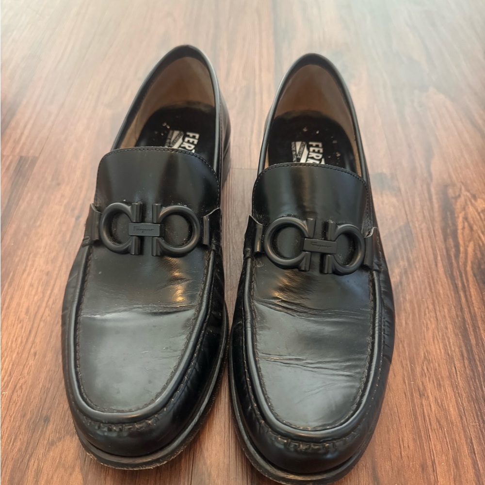 Salvatore Ferragamo Black Leather Slip-On Loafers